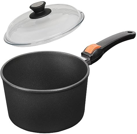 SKK große 2-tlg. Stielkasserolle Ø 20 cm - Induktion - hoher runder beschichteter Saucentopf - Stiel abnehmbar & Vollglas Deckel - Made in Germany