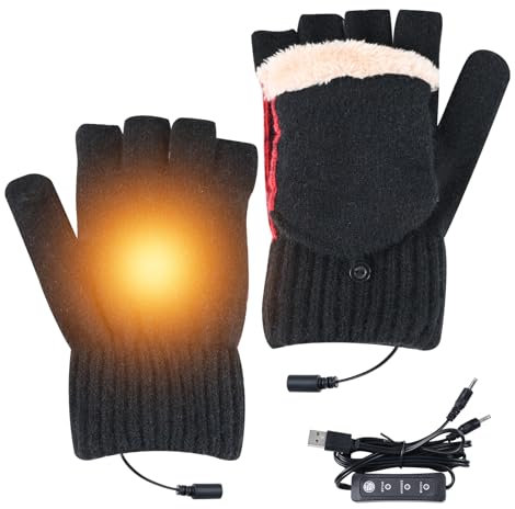 KAMEUN Beheizbare Handschuhe für Damen und Herren, Thermo Handschuhe mit Heizung, Heated Gloves mit USB Handwärmer, Halbfinger Strickhandschuhe für Drinnen und Draußen