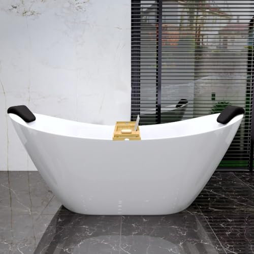 KOLMAN Freistehende Badewanne 180x80 cm IVAR, Ablaufgarnitur Click-Clack Gratis, Weiß, Exclusive, Modern + Schwarz Badewannenkissen + Bambus Badewannenablage