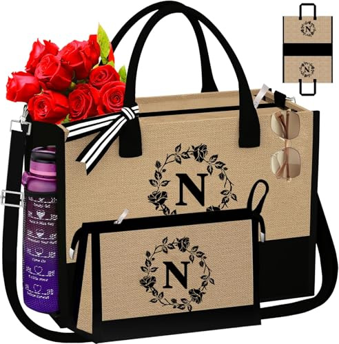 Adoryoung Sacs fourre-tout personnalisés monogrammés en toile pour femmes, sacs de maquillage en jute à monogramme double face - Cadeaux personnalisés pour femmes, N, 17.1 x 6.7 x 13.1 inches