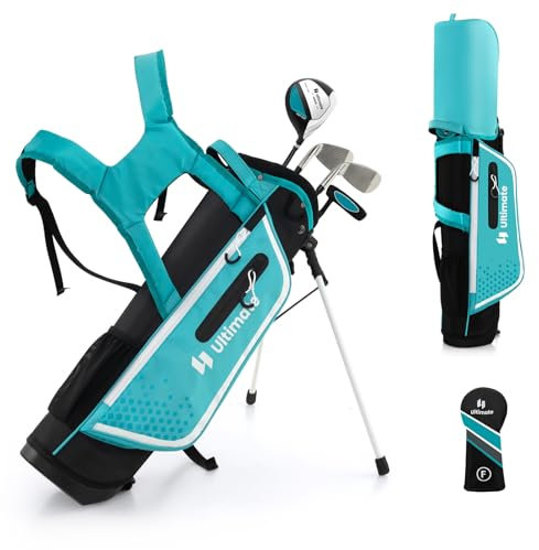 GOPLUS Golfschläger Set, 4 TLG. Golfschlägersätze mit 300CC Driver, 7er Eisen, S Eisen, Putter, tragbare Golfausrüstung leicht mit Golftasche & Regenhaube für Kinder von 8-10 Jahren(Blau)