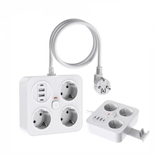 Grenuttag med usb, grenuttag med 3 uttag, 2 usb-portar, 7-i-1-uttagsadapter på 250 V/16 A med 2 m förlängningskabel, vägguttag, grenuttag för kontor och hem (vitt)
