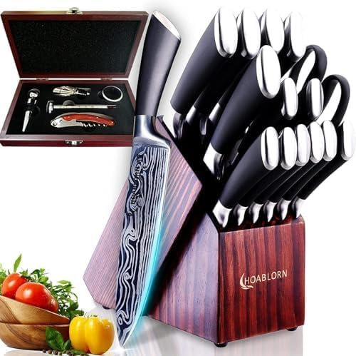 ChefHoablorn Set di coltelli da cucina con portacoltelli, 15 pezzi professionali in acciaio inox Damasco con affilacoltelli incorporato e confezione regalo per il vino