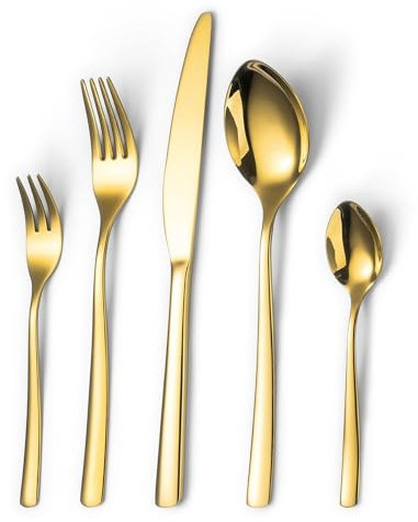 Opolia Besteck Set für 6 Personen, Essbesteck Set 30 teilig aus Edelstahl, Gabel Messer Löffel set, SpüLmaschinenfest, HochglanzPoliert- Goldenes
