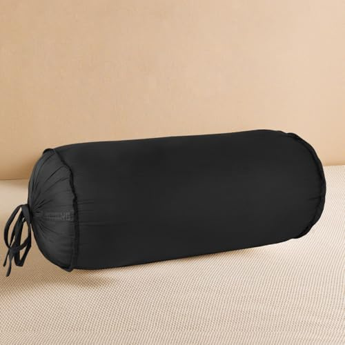 SAHARBEDDINGS 2 Pieces Cervical Neck Roll Pillow Cover with Cotton Bolster Pillowcases for Cylindrical Cushion and Drawstring Closure Round Neck Pillowcase (Black, Roll Pillow 18x6 Pack of 2)