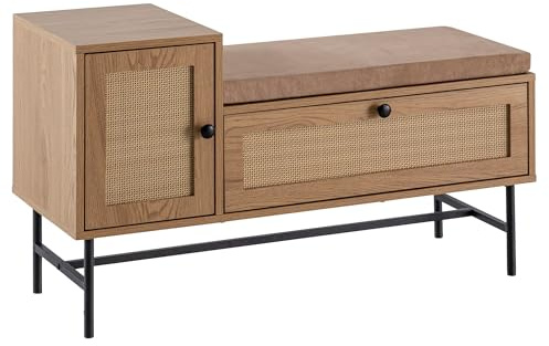 FineBuy Schuhbank mit Sitzfläche 100x60x38 cm Garderobenbank Eiche-Dekor, Sitzbank Rattan Klein Gepolstert, Bank Schmal Flur mit Stauraum, Flurbank Flurmöbel mit Schublade und Tür Braun