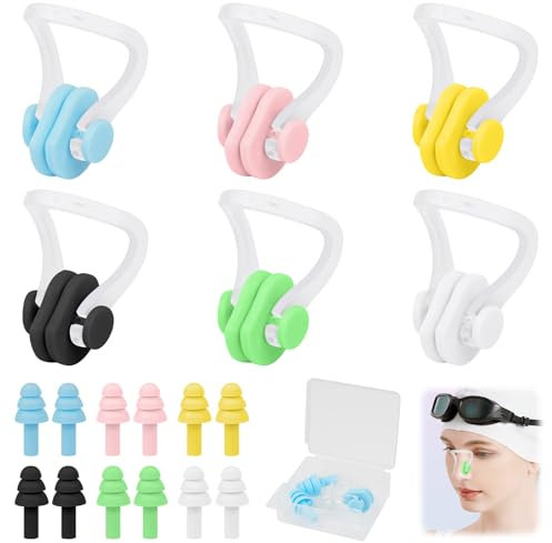 6 Paar Nasenklammer Schwimmen, 6 Paar Ohrstöpsel Schwimmen, Wiederverwendbare Nasenklammer, Nasenclip mit Aufbewahrungsbox, Anti-Rutsch Nasenklammern, Gehörschutzstöpsel zum Schwimmen für Schwimmen