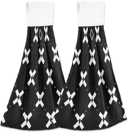 Amooorous Schwarz und Weiß kariertes Badezimmer Handtuch mit Schlaufe 2er Set Tuch Gästehandtücher für Badezimmer Geschirrtücher Herd und Hand