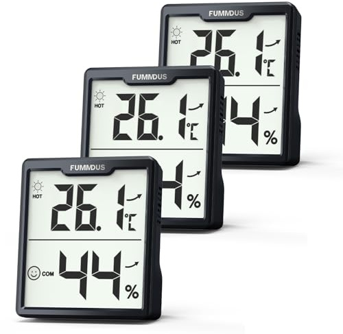 FUMMDUS 3 Stück Digital Thermometer Hygrometer Innen mit Batterien AAA Temperatur und Luftfeuchtigkeitsmesser Innen mit Komfort Symbol Raumklima Messgerät für Gewächshaus Weinkeller (Schwarz)