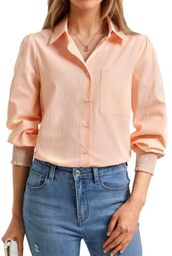 Enmain Camicia Donna Manica Lunga Elegante Arancione Camicia a Righe Donna con Bottoni Camicie in Cotone Lavoro con Tasche Ufficio Scollo a V, L