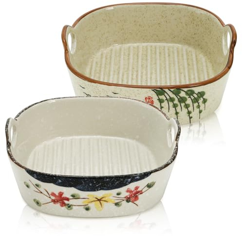 YIMITEE 2 Pack Ceramic Small Casserole Dishes, 7 x 6.5 Baking Dish for Toaster Oven, 20 OZ Deep Lasagna Pan with Handles, Durable Vintage Bakeware Pans for Cake Brownie Kitchen, Microwave Safe