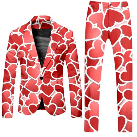 2026 Traje de San Valentín para hombre de manga larga, abrigo y pantalón, traje de dos piezas, botón estampado y múltiples bolsillos, traje para eventos de fiesta navideños