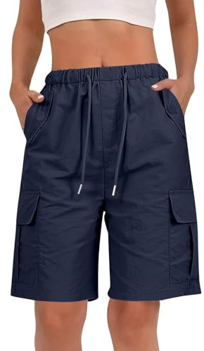 Youkly Cargo Shorts Women Knee Length Elastic Waist Drawstring | with Multiple Pockets Ladies Bermuda Shorts for Summer Casual Outdoor Walking Hiking Travel