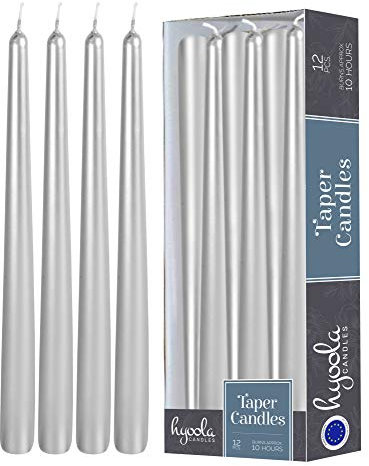Hyoola Candele Lunghe a Cono 30 cm - Candele Coniche Senza Profumo Antigoccia - Candele Colorate Argento Metallizzato - Candele Lunga Durata 10 ore - Set Candele Affusolate da 12