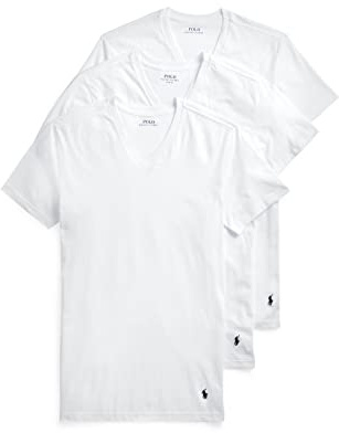 POLO RALPH LAUREN Slim Fit Undershirt w/Wicking 3-Pack V-Necks White/Cruise Navy Pony Print LG