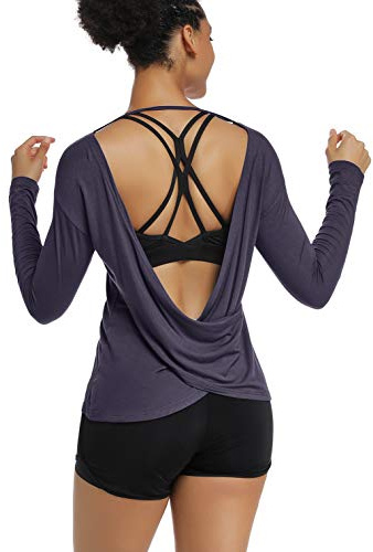 Muzniuer Women's Long Sleeve Workout Tops - Open Back Yoga Tops & Cross Back Blouses - Gray & Purple XL