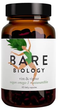 Bare Biology Vegan Omega 3 Algae Oil + Astaxanthin - Vim & Vigour Capsules (30 Servings) EPA 250mg DHA 500mg, Sustainably Sourced/Independently Tested for Purity