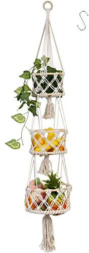 WPAJIRZO Boho Hängeampel 3-stöckig - Eleganter Makramee Obstkorb für Küche & Wohnzimmer - Handgefertigter Aufbewahrungsorganizer für Pflanzen & Früchte - Hängend, 120 cm