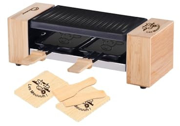 LITTLE BALANCE 8618 Raclette 2 Meuuh…!, Appareil à raclette 1/2 personnes, Grill amovible, 2 spatules + 2 planchettes, Sans PFAS, Antiadhésif, 320 W, Bois, Bambou