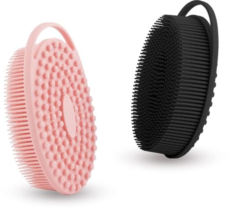 Soft Silicone Body Scrubber 2 PCS Silicone Body Shower, Silicone Loofah 2 in 1 Bath and Shampoo Brush, Body Scrubber Shower Cleaning Exfoliating Use for Sensitive Skin, Lather Well(Black and Pink)