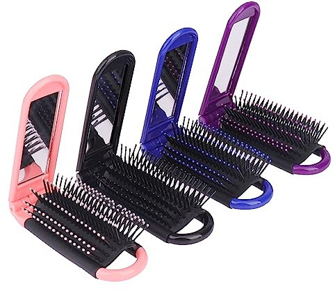 VIKY® 4 Stück Faltbare Haarbürste mit Spiegel, Mini Haarbürste Klein, Tragbare Reisebürste, Klapp Pocket Borsten Bürste Haare Haarmassage, Kompakt Reise Haarbürsten für Frauen, Herren und Kinder