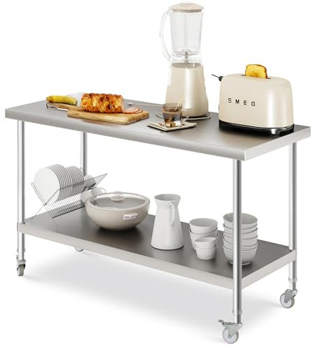 FIDOOVIVIA Stainless Steel Catering Table, 150 x 60 x 80cm Commercial Work Table with 4 Wheels & 250KG Load Capacity Double Layer, Heavy Duty Kitchen Food Prep Table for Restaurant Kitchen Bar Garage