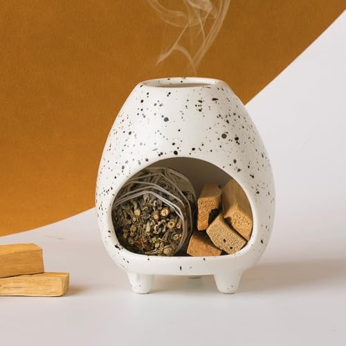 Quemador de incienso de cerámica hecho a mano para palitos de Palo Santo o paquetes de salvia, cuenco para manchas, decoración del hogar de meditación (blanco moteado)