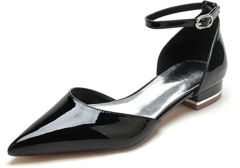 Wedding Bridal Flats Shoes Women Patent Leather Rhinestones Flats Bridesmaids Shoes 2.5Cm Pointed-Toe Dress Flats,Black,9.5 UK