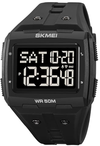 Gosasa Men Digital Watch Rectangle Large Face 5ATM Waterproof Easy to Read Military Watch Multifunctional Sports Watches Alarm Clock LED Digital Double Time Watch (Black Black)