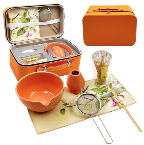 SNAIL GARDEN Keramik-Matcha-Set mit Bambusbesen & Ausgießer – 8-teiliges Premium Matcha-Tee-Set, Inkl. PU-Aufbewahrungsbox, Sieb & Zubehör für Traditionelle Zeremonien