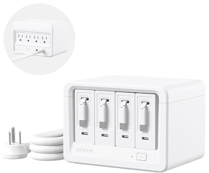 Gitryin 12-in-1 Desktop Charging Station with 4 Retractable Wall Chargers, 40W USB-C Power Strip with 4 AC, 4 USB C, 4 Type-C 33.5in Cables, Extension Cord with 1020J Surge Protection for Home Office