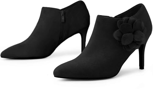Perphy Women Faux Suede Flower Pointed Toe Stiletto Heel Ankle Booties | ABS sole. 3.4-inch heel. Lightly padded. Zipper closure. Party, date, wedding, cocktail, nightclub, homecoming.