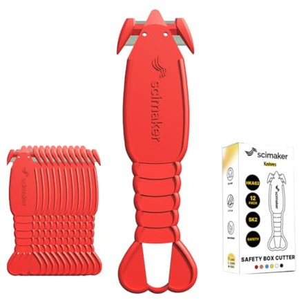 Scimaker Box Cutter Safety Knife for Work, Cute Lobster Concealed Blade Parcel Opener, Finger-Safe Unboxing Tool for Home & Office Desk, 12-Pack, Red Colour