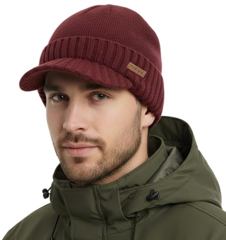TOP-EX PolarWool Berretto in lana merino con visiera e fodera in pile, taglia M – XXL, impermeabile, unisex, per attività all'aria aperta, idea regalo, rosso bordeaux, XL/XXL