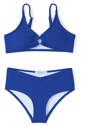 Arshiner Fille Ensemble Bikini Côtelé Enfants Été Deux Pièces Unicolore Maillots Bain Surf Bustier et Slip Tankini Bikini pour Filles 13-14 Ans Bleu Royal
