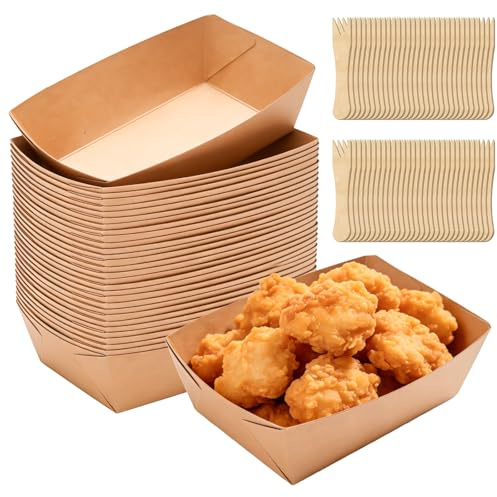 100 cuencos para patatas fritas con 200 tenedores de madera, recipientes para comida con dedos, cuencos de cartón kraft, cuencos de cartón, platos desechables, cuencos para patatas fritas, salchichas