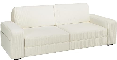 Yaheetech Divano a 2 Posti in Velluto Divanetto Imbottito con Braccioli e Schienale Sofa con Tasche Portaoggetti Laterali per Salotto Soggiorno 212 × 81.5 × 83.5 cm Avorio