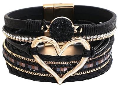JRTEAY Heart Multilayer Leather Wrap Bracelets, Heart-Shaped Rhinestone Magnetic Bracelet, Versatile for Everyday Wear, Women'S Style, The Birthday Gift for Your Best Friend