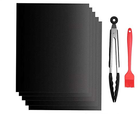 GOFRIEND BBQ Grill Mat Set of 5, Non-stick Barbecue Grill & Baking Mats for Baking on Gas, Charcoal, Oven and Electric Grills - Reusable - Free 12 BBQ Tongs and Silicone Brush