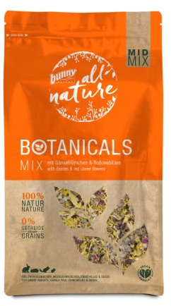 Bunny Nature BOTANICALS MID Mix – con margherite e fiori di trifoglio rosso | 120 g | Mangime complementare per conigli nani, porcellini d'India, Cincillà e Degus | Senza additivi di zucchero