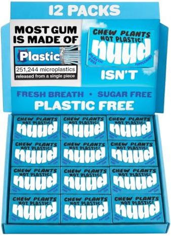 Nuud Plastic Free Chewing Gum | Plant Based | Aspartame Free | Xylitol | Biodegradable | Sugar Free Chewing Gum | 12 Packs of 9 Pieces (Peppermint)