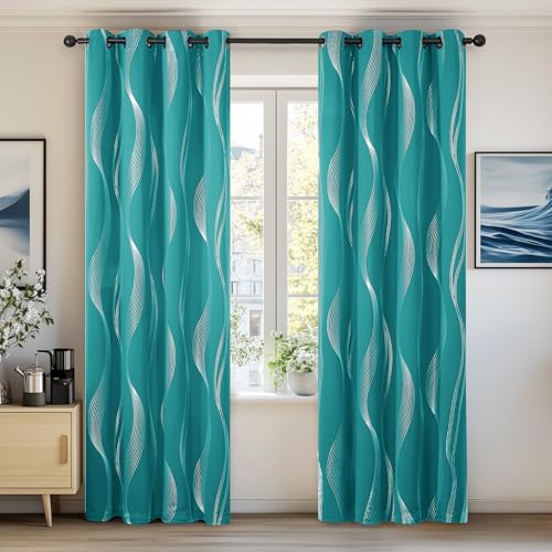 Deconovo Eyelet Curtains Silver Wave Line Foil Printed Blackout Curtains Thermal Insulated Eyelet Curtains for Living Room 52 x 63 Inch Turquoise 2 Panels