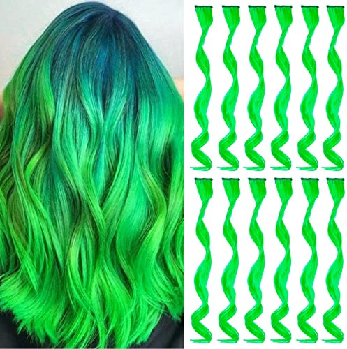 Grün Farbige Haarverlängerungen Clip In für Mädchen 17 Zoll Bunte Lockige Gewellte Haarverlängerungen für Party Highlight Haar Zubehör Haarteile für Kinder Frauen (12 PCS Grün)