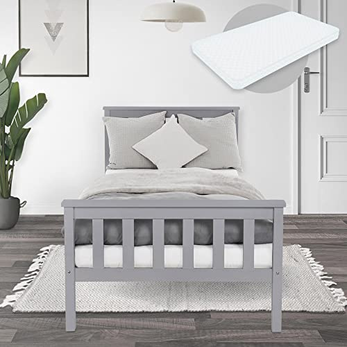 ML-Design Estructura De Cama De Madera Maciza De Pino Gris Claro 90 x 200 cm con Colchón De Espuma Fría Oeko-Tex 100 Somier Armazón De Listones Cabecero Y Piecero Cama para Niños Adolescentes Adultos