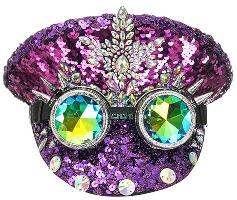 COSDREAMER Herren Steampunk Zylinder Hüte Pailletten Brille Militär Cap Punk Halloween Klassische Armee Militär Cap purple