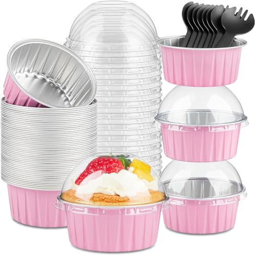 KAHEIGN 50 Pièces Mini Moules à Gâteaux avec Couvercles et Cuillères, 150ml Plats de Cuisson Ronds en Papier D'aluminium Petites Caisses à Pain Coupes pour Pain Dessert Pique-Nique Fête (Argent Rose)