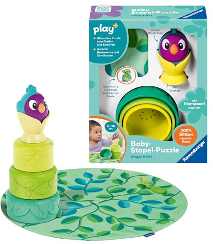 Ravensburger Puzzle empilable 4857 Play+ pour bébé : nid d'oiseau, Jouet Montessori, Jeu d'empilage à ventouses, Cadeau de Pâques