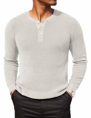 COOFANDY Maglione da uomo Henley, maglia a nido d'ape, maglia grossa, a maniche lunghe, con bottoni, Bianco, S