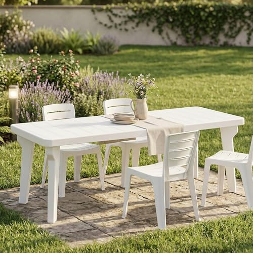 Dmora - Tavolo da esterno Mercurio, Ripiano rettangolare, Tavolo allungabile da giardino o da bar, 100% Made in Italy, 160-220x90h74 cm, Bianco