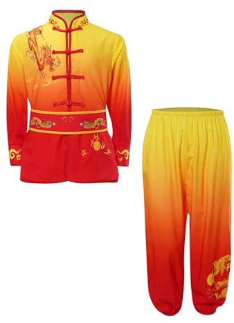 Miaeowve Unisex Kung Fu Uniform Tai Chi Arti Marziali Abbigliamento Bambini Ragazze Ragazzi Wushu Tuta Top E Pantaloni 2 Pezzi Sportswear, Giallo/Rosso, 110-116